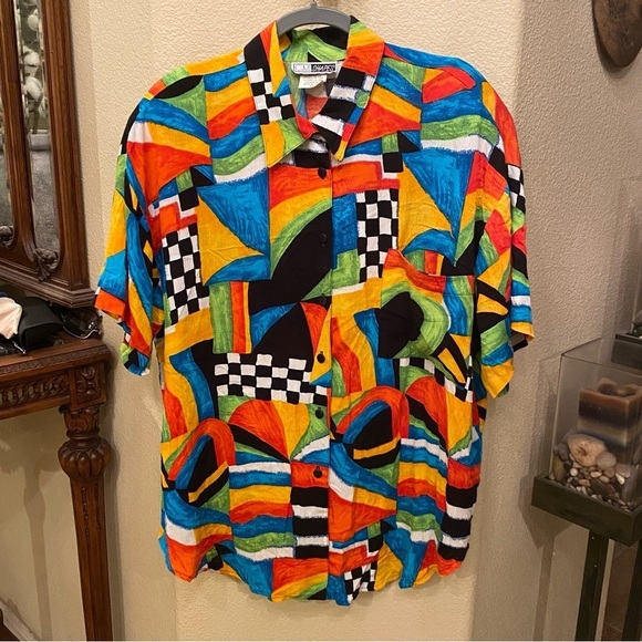 Vintage C.M. SHAPES Women Colorful Vibrant Pattern Short Sleeve Top Size 1X Plus - Picture 1 of 8